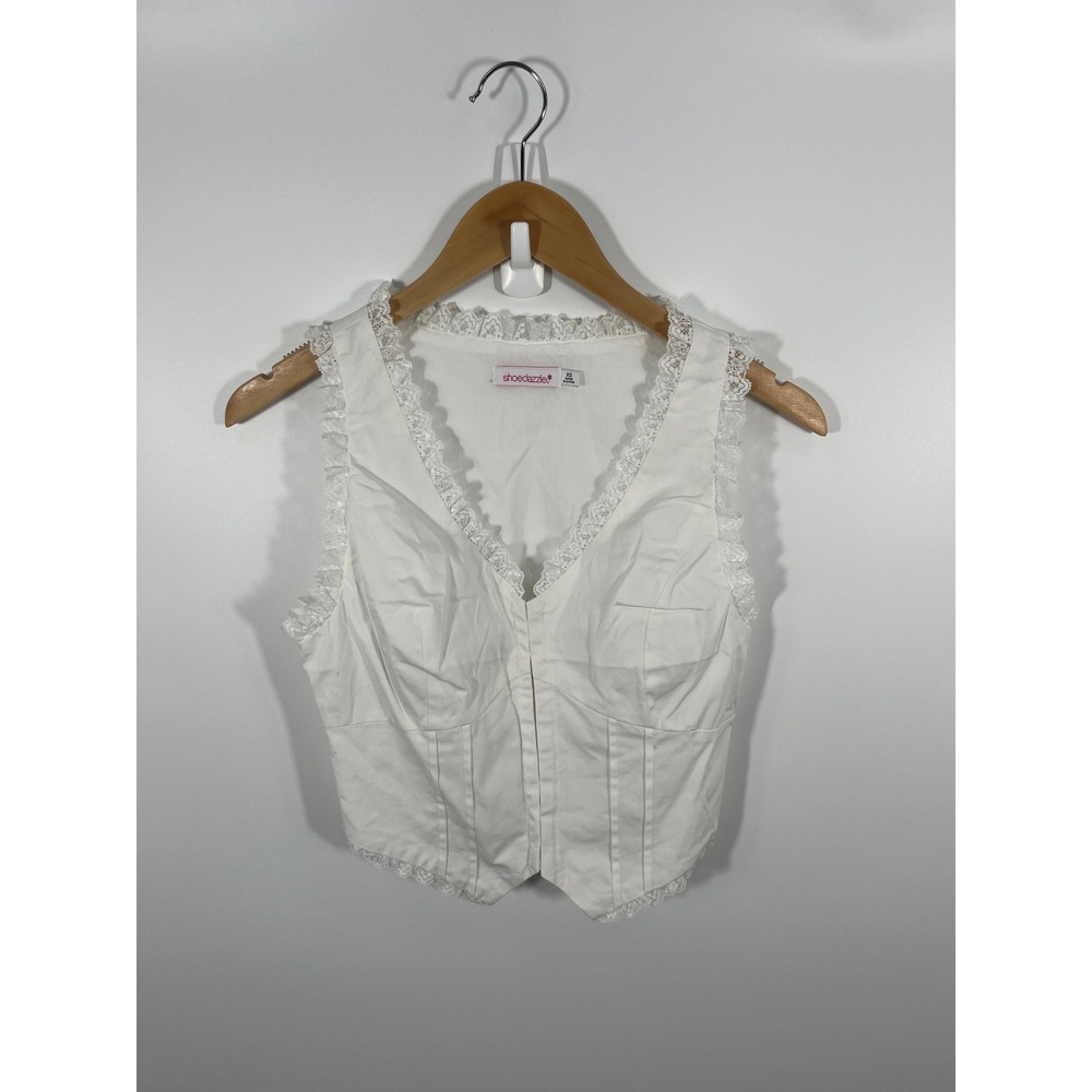Womens Top XS White Vest Lace Chic Euro Summer Minimalist Capsule Coastal